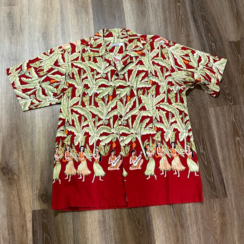 ESPRIT Hawaiian Shirt L Red Hula Border Print Vintage Deadstock Aloha